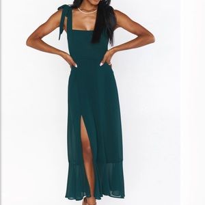 Show Me Your Mumu Claire Midi Bridesmaids Dress in Emerald Green